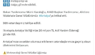 İçişleri Bakanı Ali Yerlikaya: Antalya’daki Sel Felaketinde Acil Müdahale Devam Ediyor