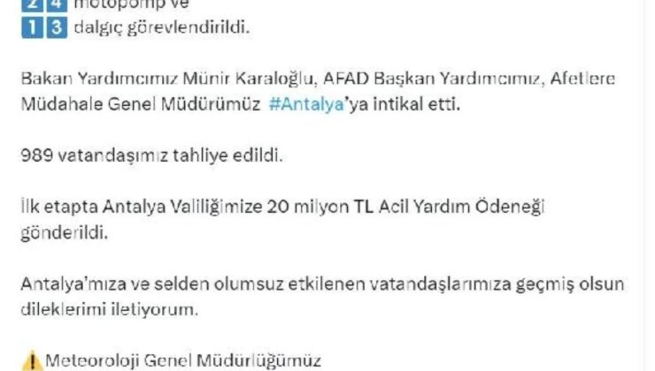 İçişleri Bakanı Ali Yerlikaya: Antalya’daki Sel Felaketinde Acil Müdahale Devam Ediyor